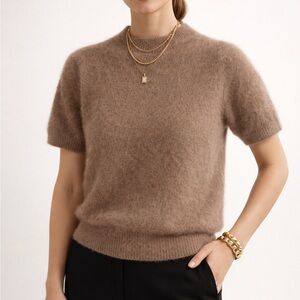 White Cozy Tan Rabbit Hair Knit Top • Soft Fuzzy Short Sleeve Sweater • Size S